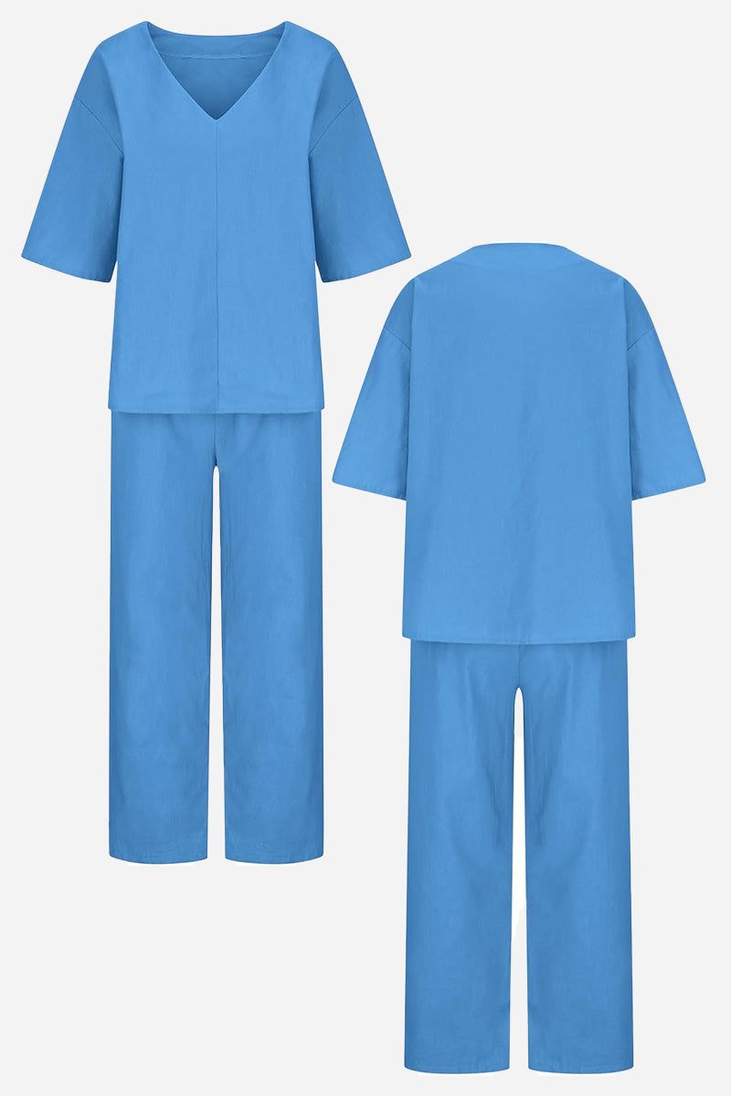Blue V-neck cotton two-piece trouser set with relaxed top and straight-leg pants, front and back views