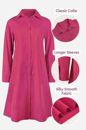 Pink long shirt-style dress with classic collar, longer sleeves, and silky smooth fabric