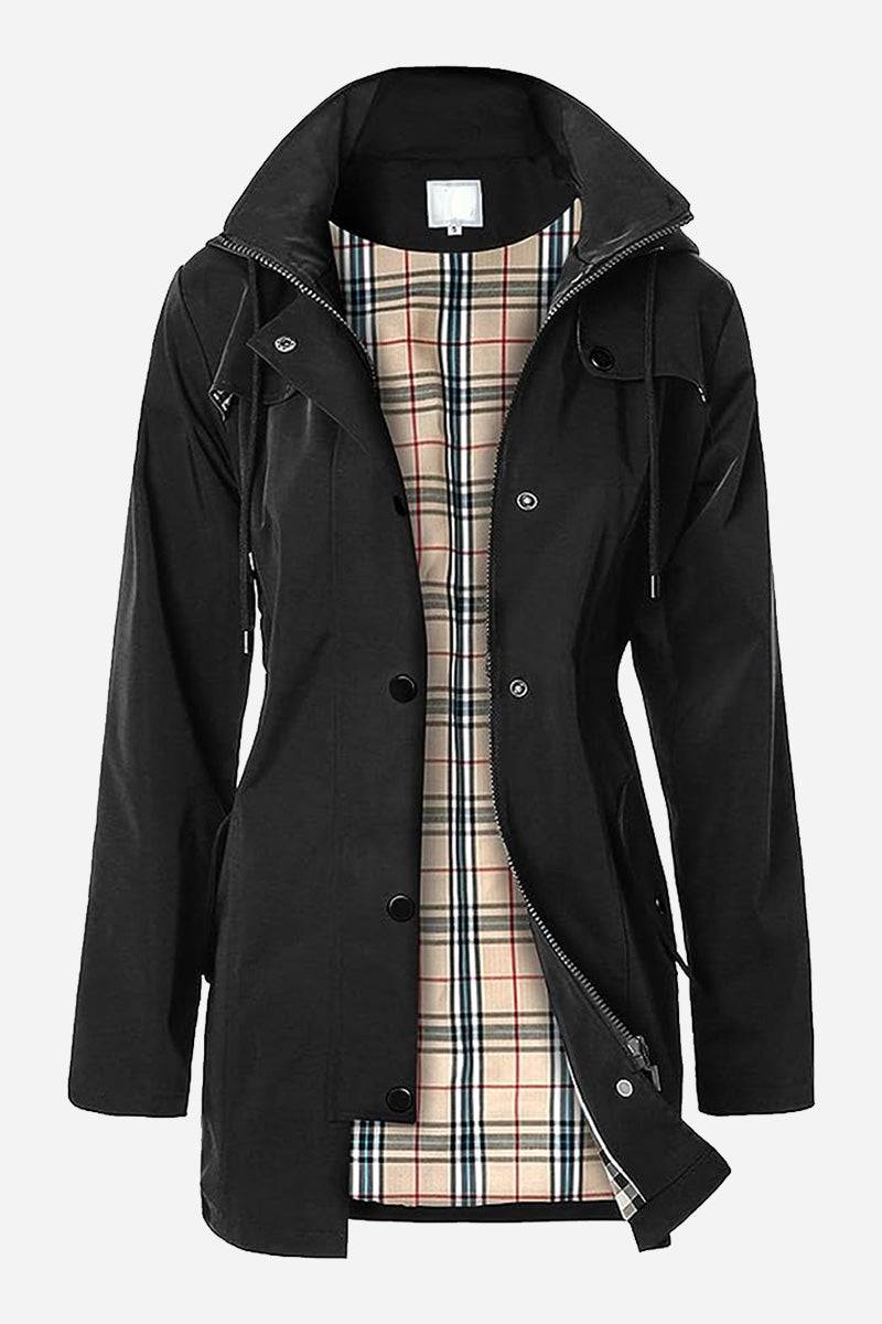 Black elegant plaid raincoat windbreaker with checkered lining and feminine draw-string waist, water resistant and lightweight.