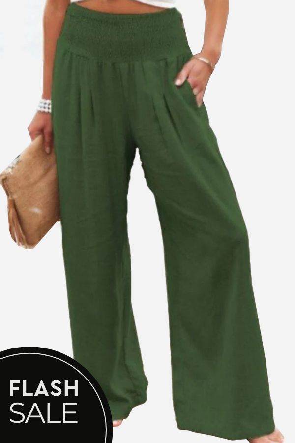 woman wearing high-waist polyester palazzo pants with pockets in casual setting