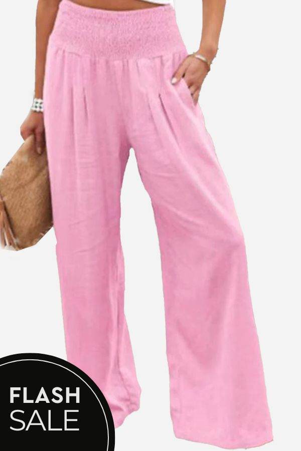 high-waist polyester palazzo pants with wide-leg, breathable fabric, and pockets for casual and formal wear