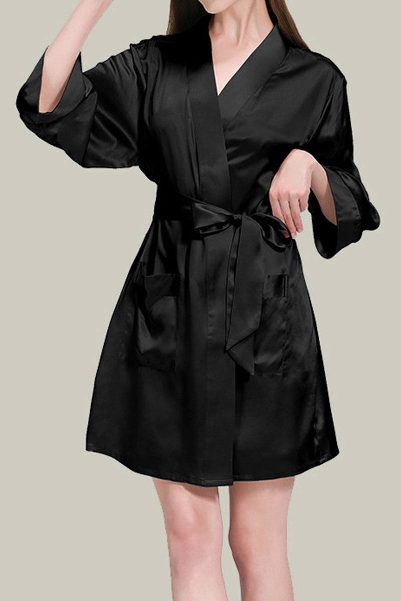 Black Mulberry silk nighty and robe set with relaxed, oversized fit and waist tie belt