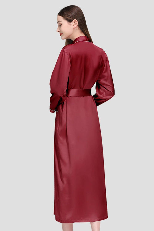 Woman wearing 100% Mulberry Silk belted classy nightgown in deep red, back view