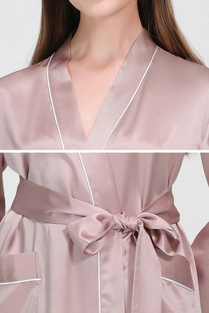 Mulberry silk nightgown with sash belt in soft pink satin with white piping detail