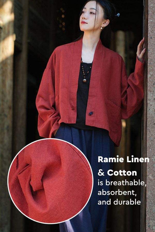 Woman wearing breathable red ramie linen and cotton cardigan with relaxed fit and open front design