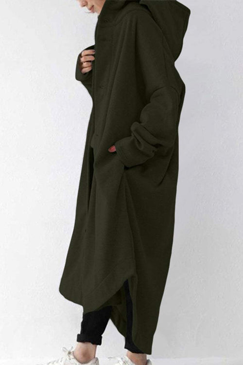 Oversized everyday buttoned hooded coat in lightweight breathable fabric with roomy pockets and relaxed fit.