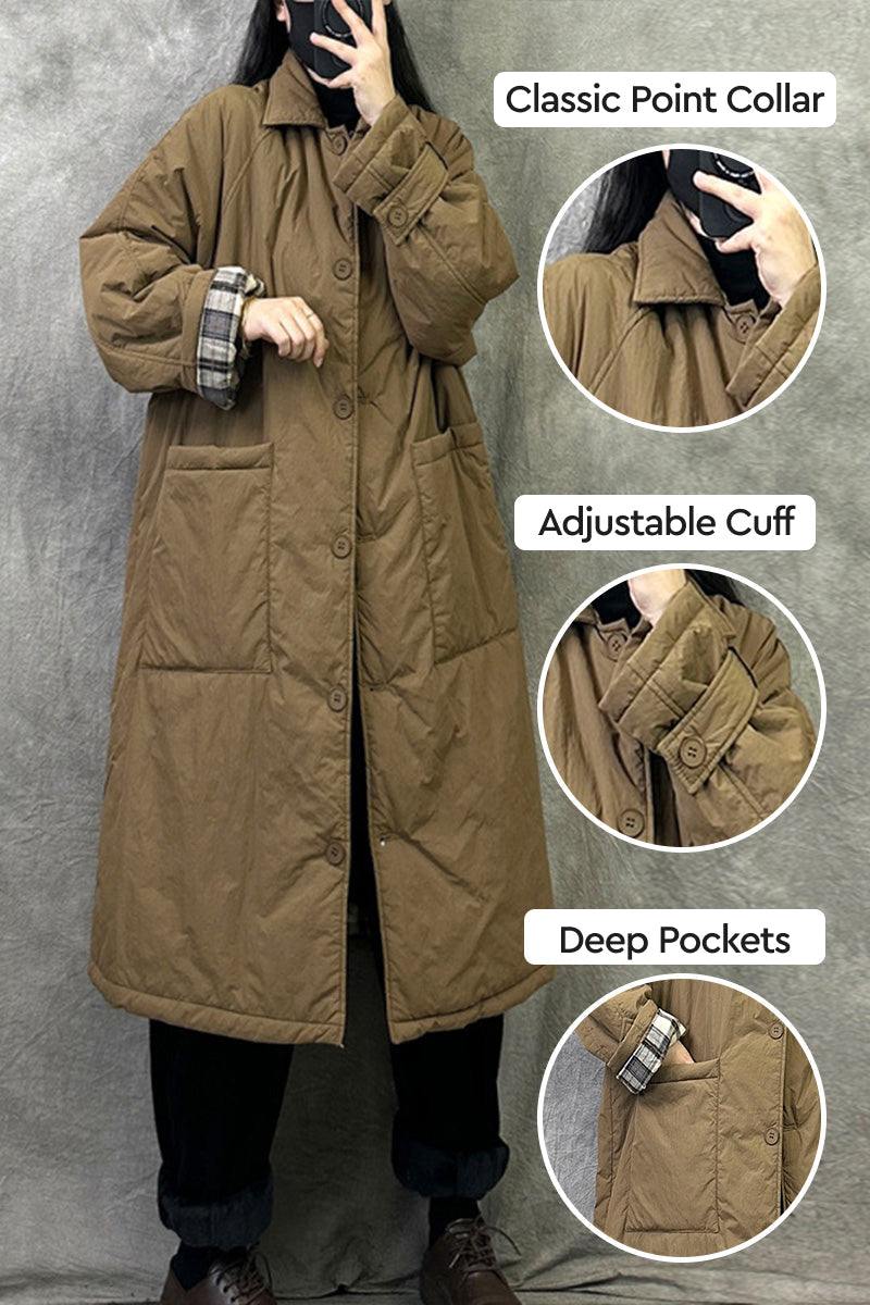 Plus size oversized windbreaker parka in brown with classic point collar, adjustable cuffs, and deep pockets for travel and layering