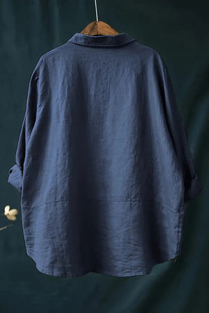 Vintage linen shirt navy blue breathable cotton-linen blend casual chic long sleeve