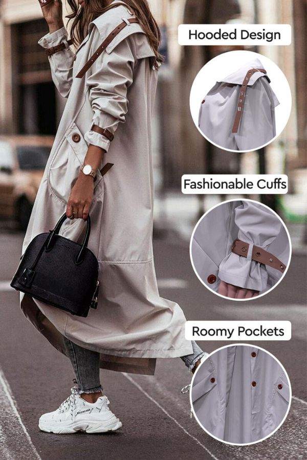 Woman wearing beige minimalist hooded coat with fashionable cuffs and roomy pockets, styled for urban travel.