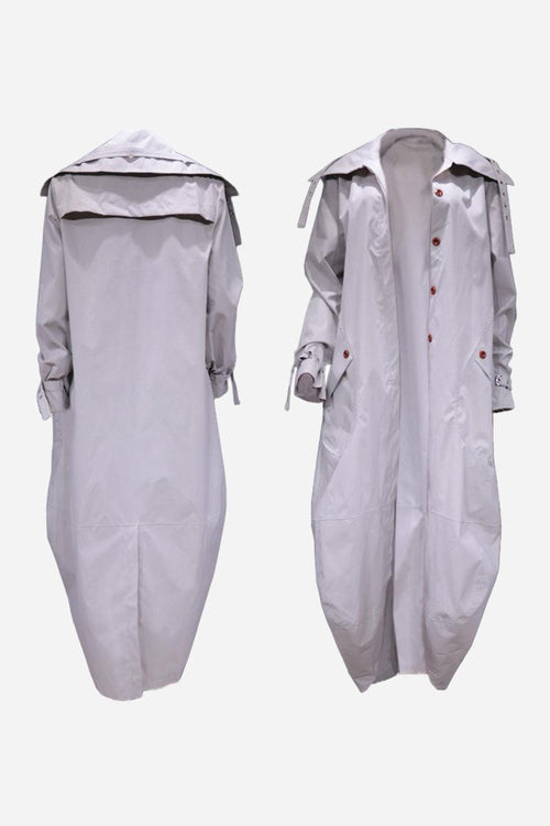 Minimalist hooded coat with oversized fit in light grey, front button closure and long sleeves, front and back views