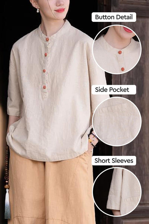 One size ramie linen and cotton shirt with button details, side pocket, and short sleeves, breathable and relaxed fit.