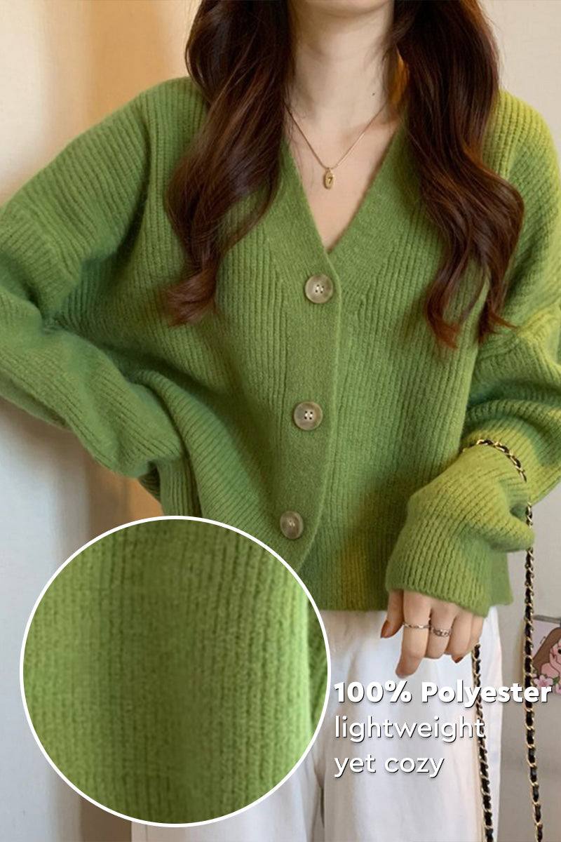 Green casual loose boxy cardigan made of 100% polyester with ribbed texture and oversized fit