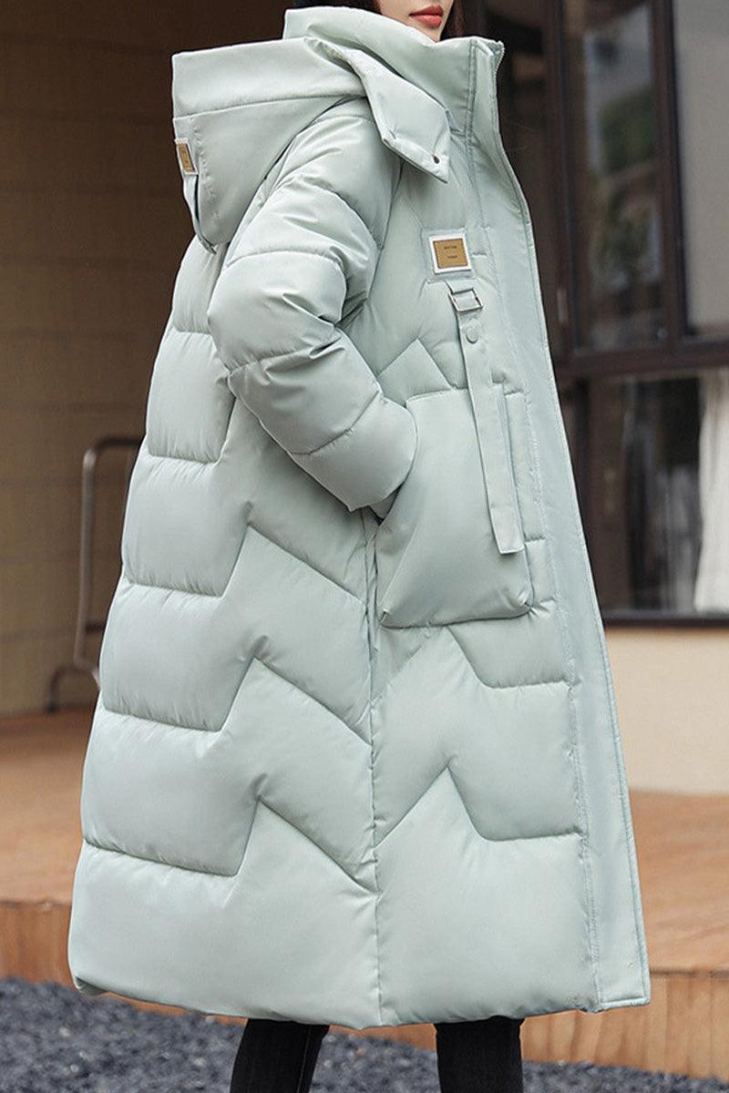 Lightweight insulated FrostLine Long Coat in light gray with hood and side pockets for winter travel and cold weather.