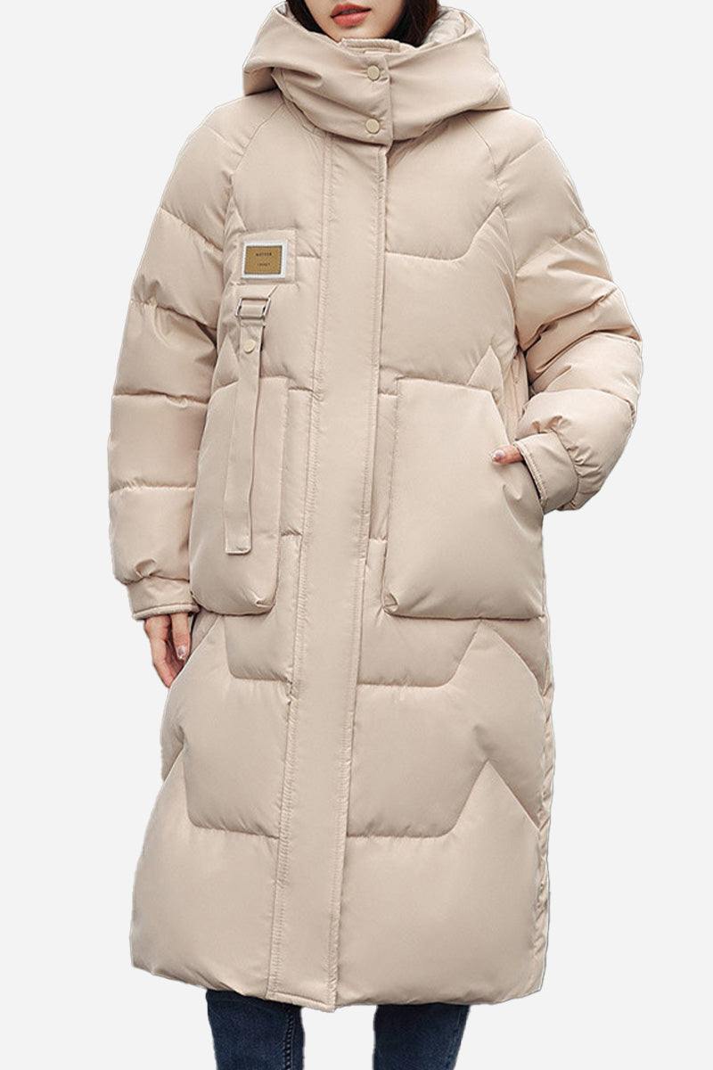 FrostLine Long Coat beige insulated winter travel coat with hood and large pockets