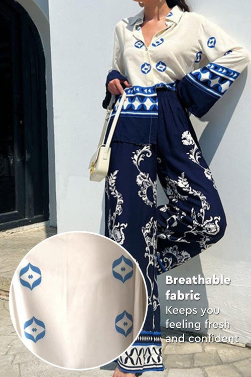 Mediterranean Two-Piece Set with blue-white porcelain print and breathable fabric for stylish comfort