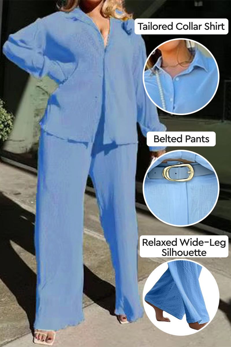 Blue linen blend two-piece set with tailored collar shirt and belted wide-leg pants for relaxed travel style