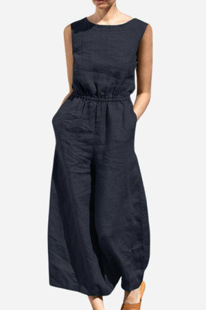 Pure Cotton minimal confidence sleeveless two-piece set with elastic waist and wide-leg pants in dark navy color
