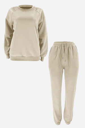Beige comfy chic tracksuit set with long sleeve sweatshirt and drawstring jogger pants for casual comfort and style