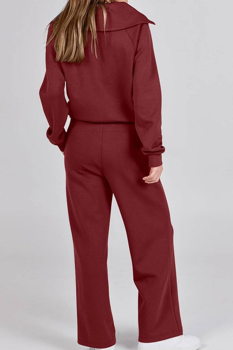 Woman wearing burgundy Loungewear Buttersoft Tracksuit Set with oversized fit and long sleeves shown from back