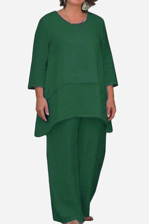 Loose Drape Two-Piece Set in green with oversized, asymmetrical top and relaxed pants.
