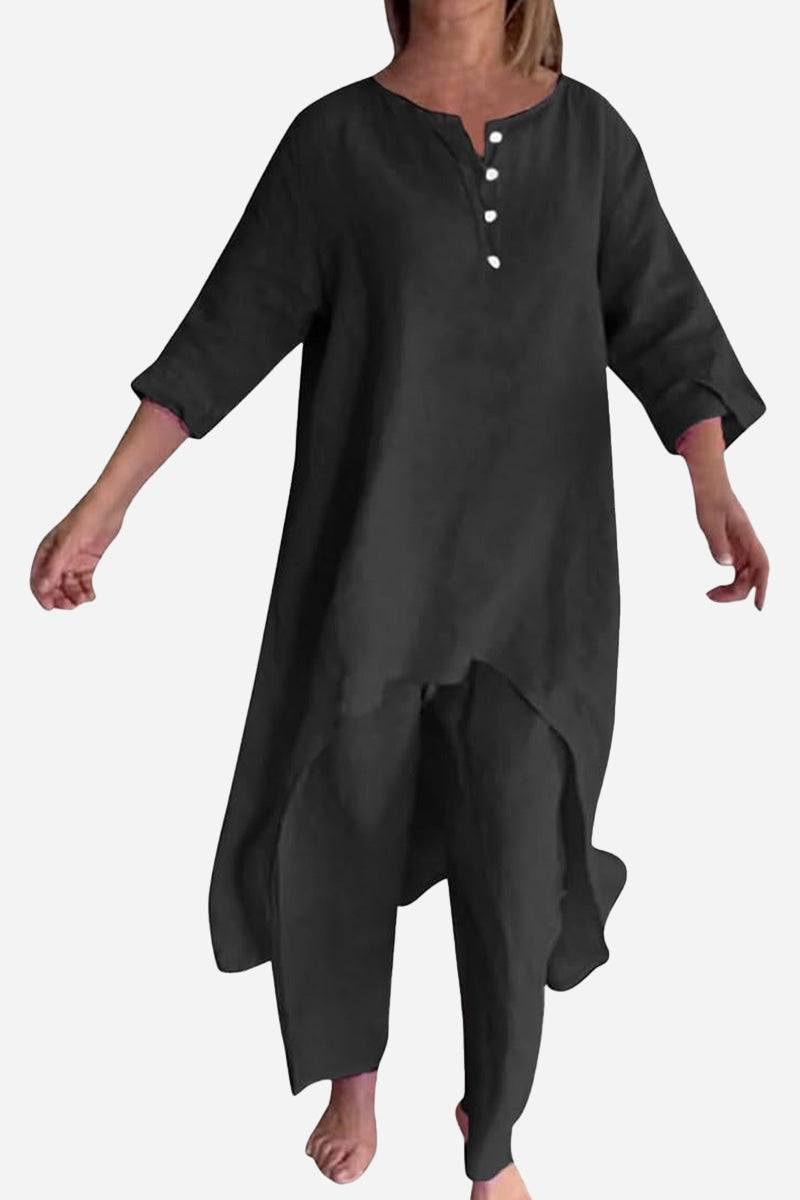 Breathable and featherlight black two-piece lounge set with relaxed fit and buttoned neckline