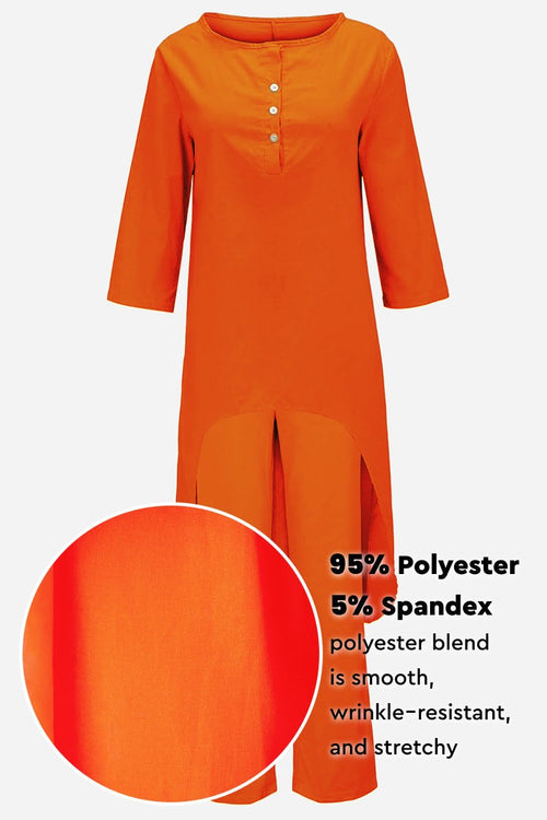 Orange breathable and featherlight loungewear set with 95% polyester and 5% spandex, wrinkle-resistant and stretchy fabric.