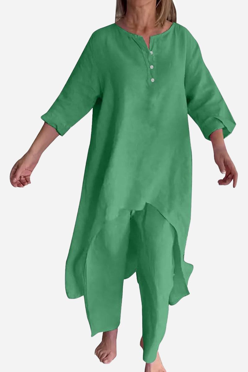 Breathable & featherlight green two-piece lounge set with relaxed fit and buttoned neckline