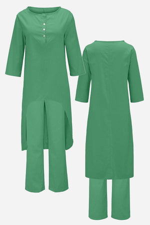 Breathable and featherlight green lounge set with long top and pants, lightweight and wrinkle-resistant fabric
