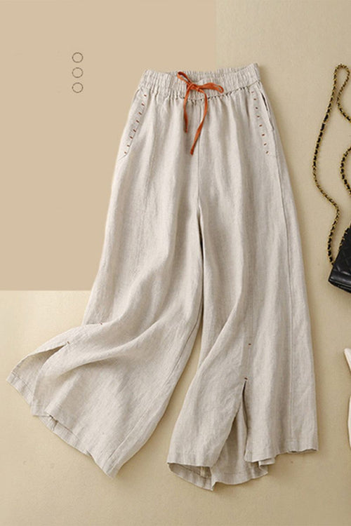 Light beige wide-leg cotton linen Tuscany pants with elastic waistband and orange drawstring detail