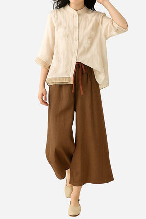 Women’s Cotton Linen Tuscany two-piece set with sheer embroidered top and wide-leg brown linen trousers