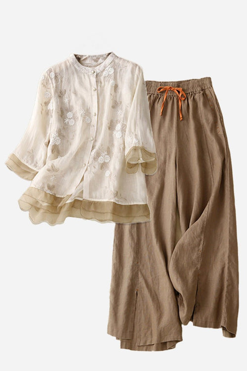 Cotton Linen Tuscany breathable two-piece set with embroidered sheer top and wide-leg linen trousers