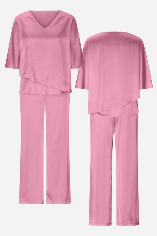 Pink Elegant Layers Two-Piece Set with V-neck layered top and comfortable straight-leg pants shown front and back