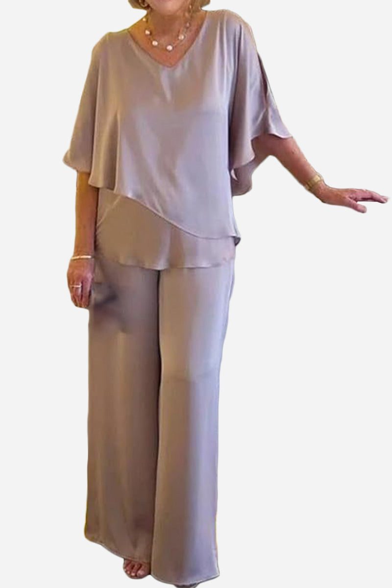 Elegant Layers Two-Piece Set women's taupe layered V-neck top and wide-leg pants outfit