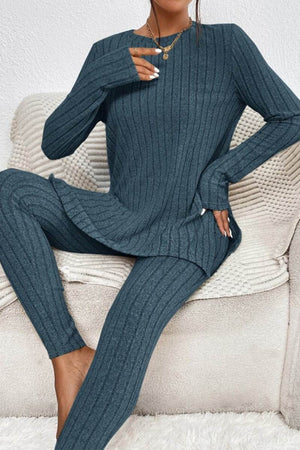 Butter Touch Ribbed Two-Piece Set cozy ribbed knit lounge wear in dark gray