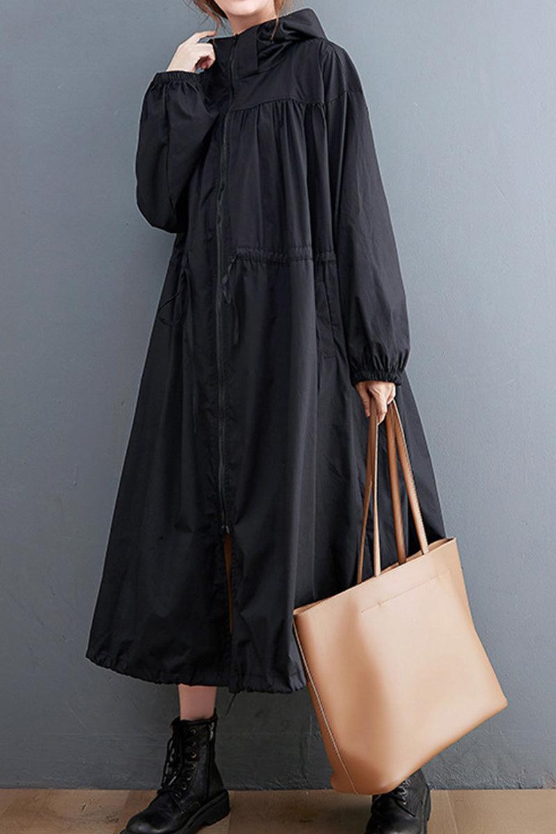 One size oversized black all-weather water-resistant windbreaker with hood and long sleeves