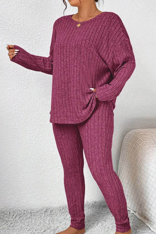 Body Confident Oversized Knit two-piece set in cozy ribbed knit fabric, relaxed fit, and rich plum color.