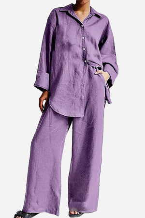 Purple relaxed fit cotton Vacation Essentials Cotton Set with long sleeves and wide-leg pants