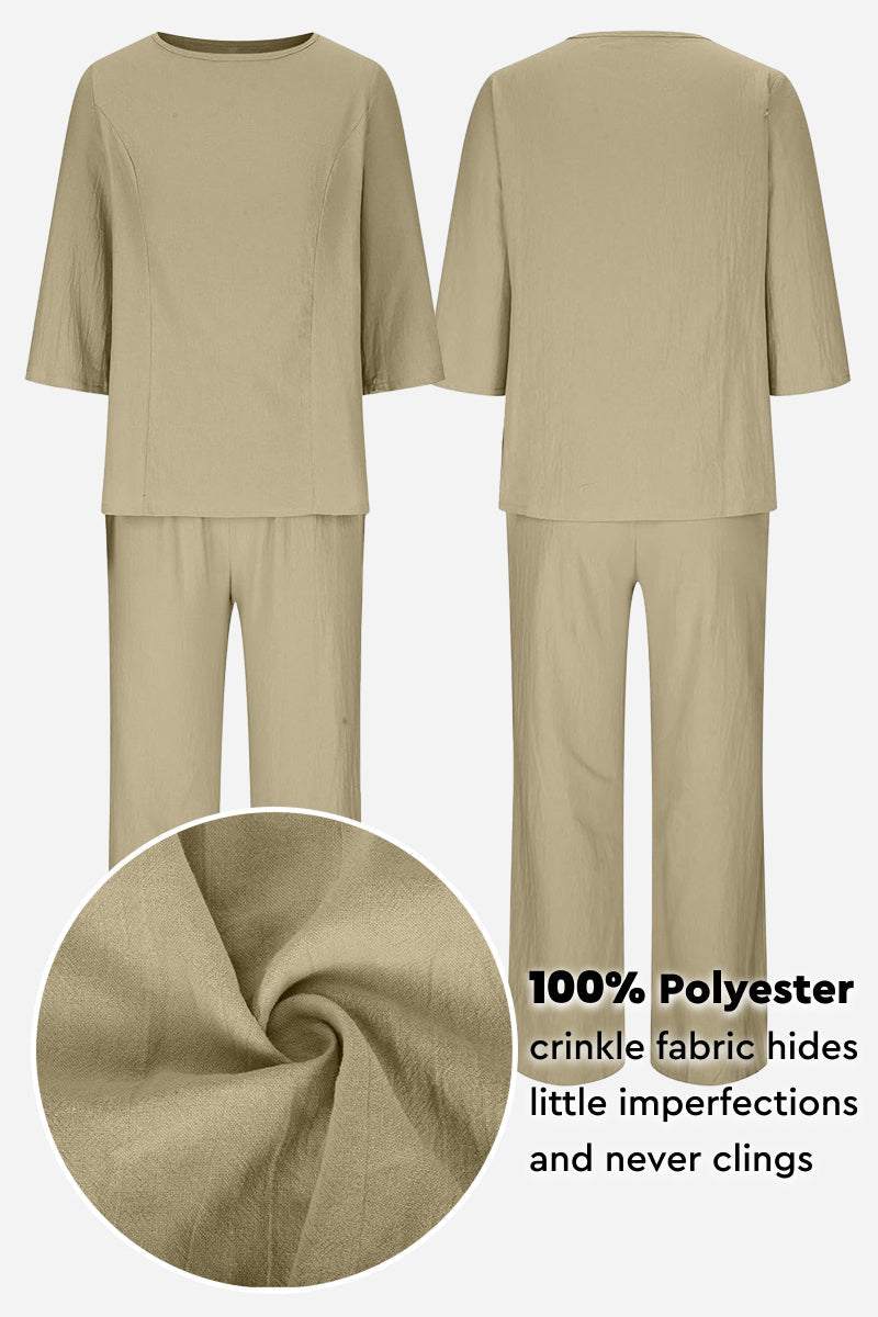 Beige textured two-piece set made of crinkle polyester fabric, loose fit with wrinkle-resistant finish, front and back views.