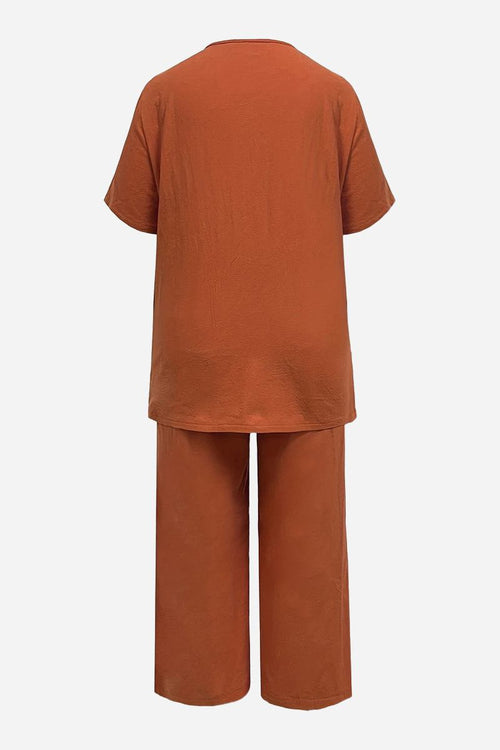 Breezy cotton blend two-piece set in rust color with short sleeves and elastic waist pants for comfortable summer wear