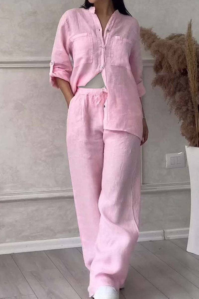 Light pink 100% cotton double comfort set with relaxed fit two-piece top and pants