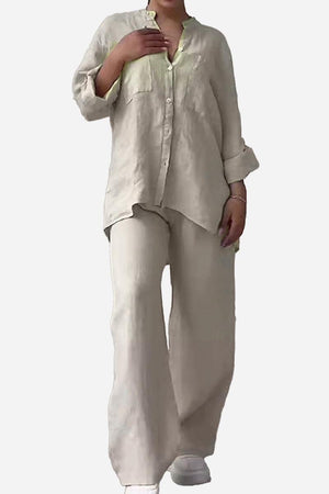 Woman wearing beige 100% cotton double comfort two-piece set with relaxed fit and long sleeves