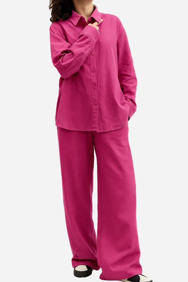 100 Cotton Wanderlust two-piece set in vibrant raspberry red, soft breathable cotton travel outfit.