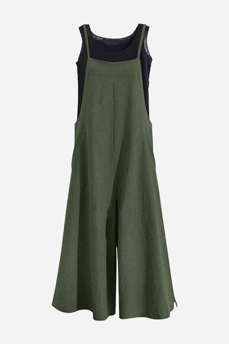 Olive green cotton blend comfort jumpsuit with wide legs and sleeveless design on black tank top background
