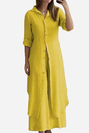 Yellow wide-leg two-piece set with button-up long top, soft polyester fabric, and relaxed fit for refined comfort