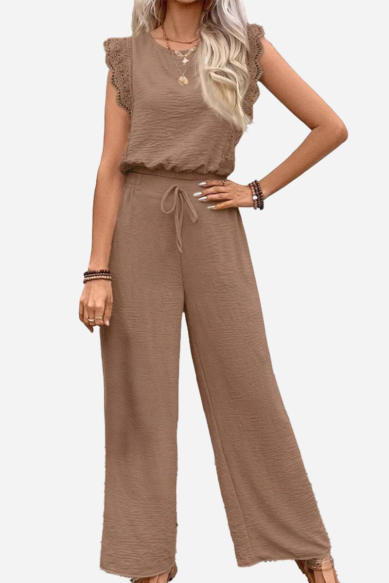 Elegant two-piece set with soft lace detail in brown, featuring a relaxed fit top and wide-leg pants for comfortable, stylish wear