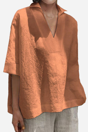 Cotton-linen V-neck relaxed fit shirt in rust orange breathable fabric