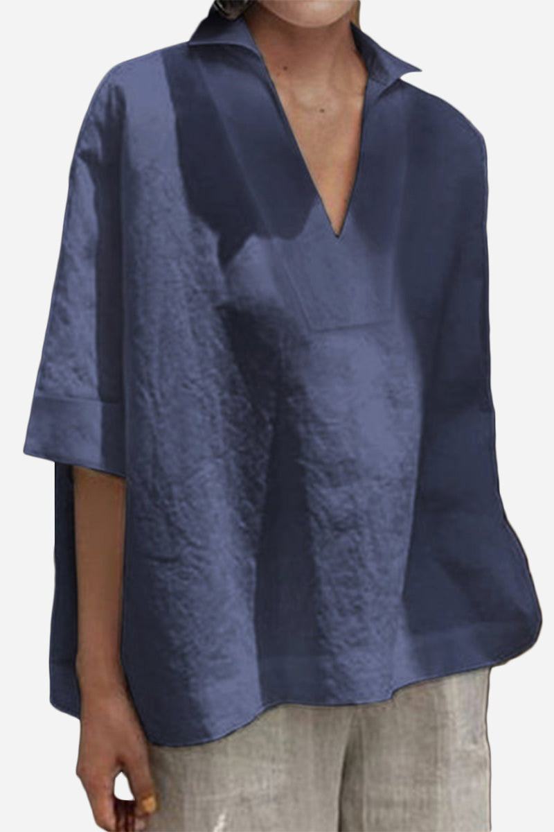 Cotton-Linen V-Neck relaxed fit shirt in navy blue breathable fabric for casual wear