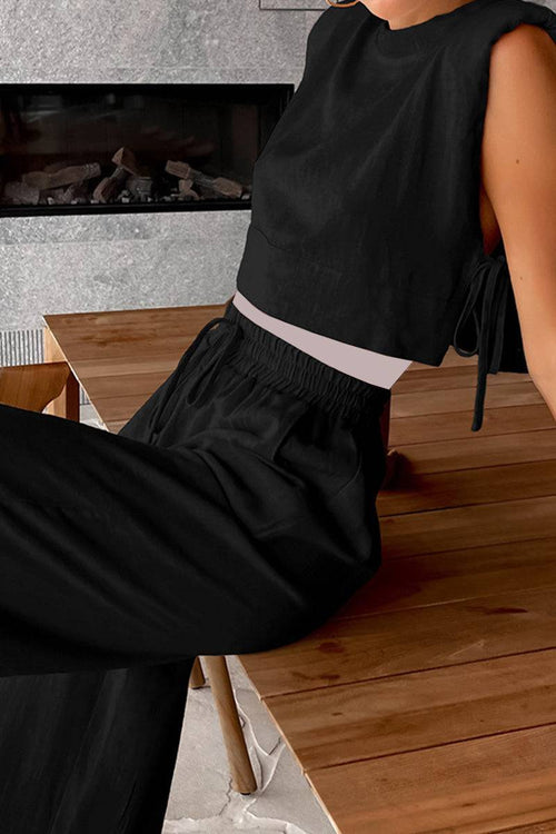 breathable cotton-linen blend black sleeveless two-piece outfit with relaxed fit