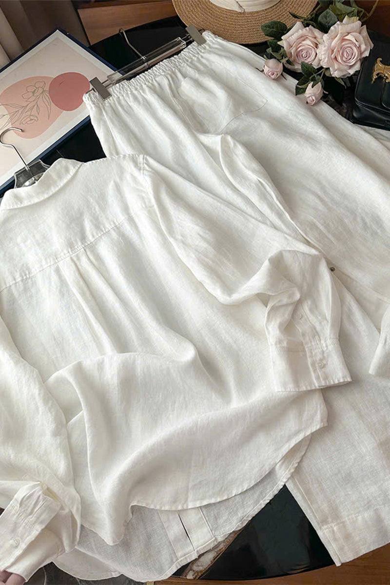 100% linen natural two-piece white outfit with relaxed fit breathable fabric