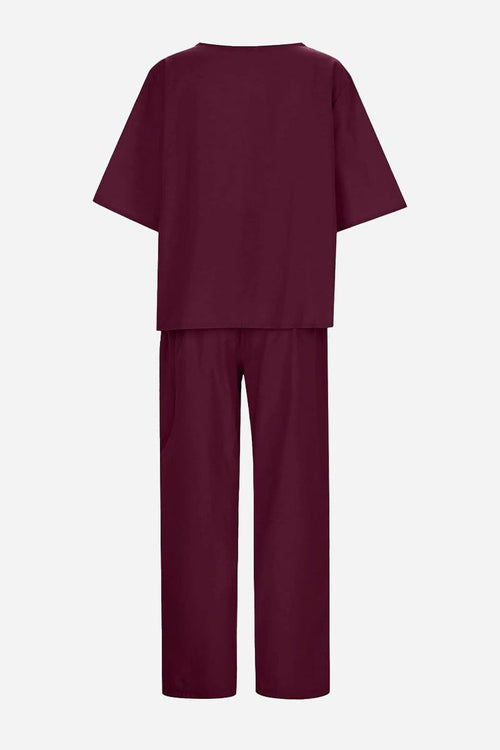 Cotton-linen blend monochrome two-piece set with relaxed fit in deep burgundy color
